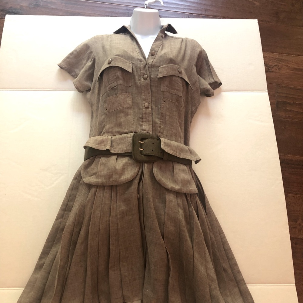 Beauty Mark belted dress light linen fabric with pleated skirt and under slip